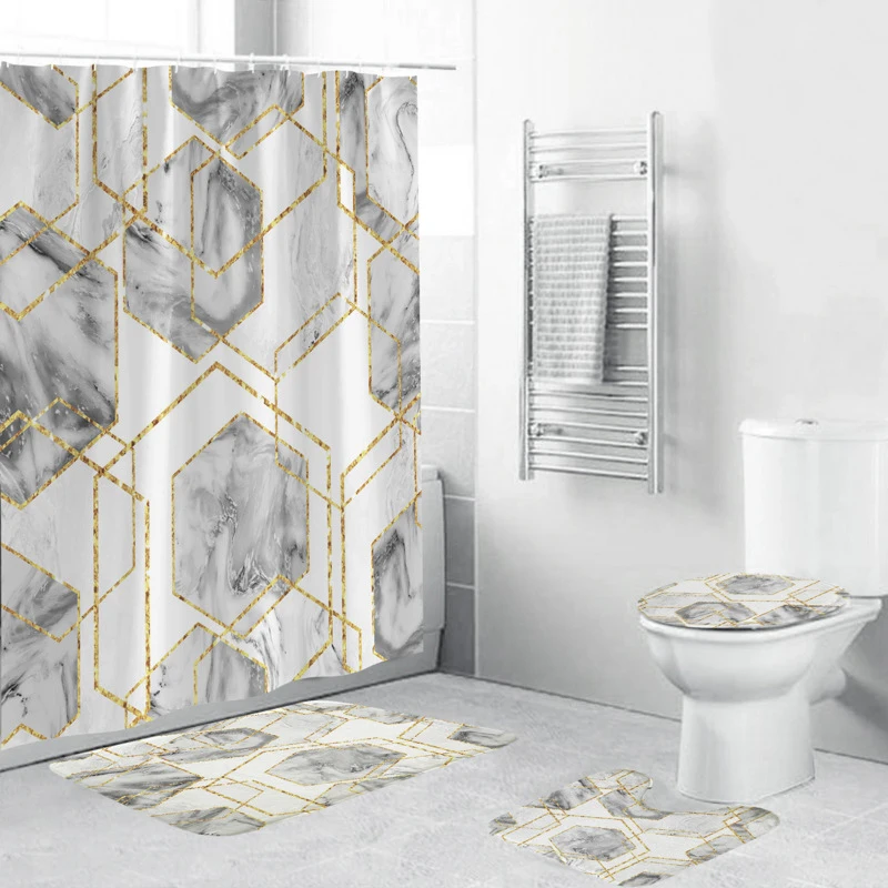 

Marble Pattern Shower Curtain Modern Toilet Mat Set Waterproof Shower Curtain with Hooks Non-slip Bath Mat Bathroom Accessories