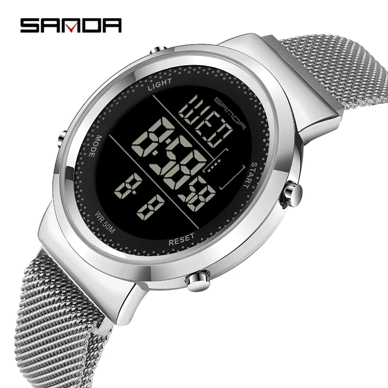 SANDA Charming Multifunctional Digital Watch Steel Mesh Strap Magnet Clasp Electronic Clock Outdoors Business Couple Watch 383