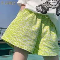 e girls korean leopard woman shorts elastic high waist 2022 summer new bottoms causal fashion wide leg short feminimos