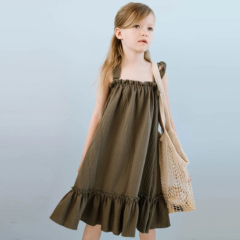 

100% Cotton Muslin Lace-up Girls Dress 2022 Summer New Teen Girl Casual Loose Boho Holiday Dresses Children Beach Clothes TZ047