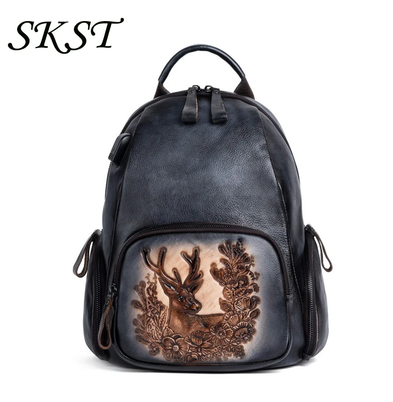 New Brushed Cow Leather Retro Genuine Leather Women's Bag Fashion Personalized Deer Head Handheld Backpack