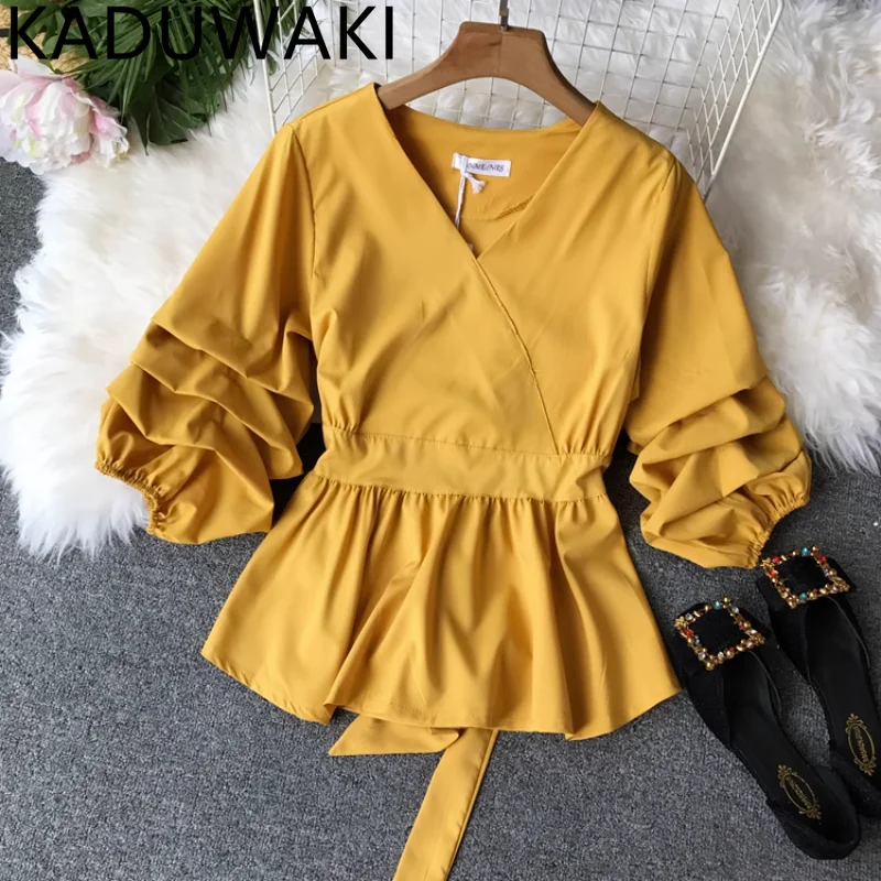 

Solid Slim Waist Puff Sleeve Women Blouse V-Neck Vintage Blusa Elegant Female Top 2023 New Fashion Chic Shirts Summer