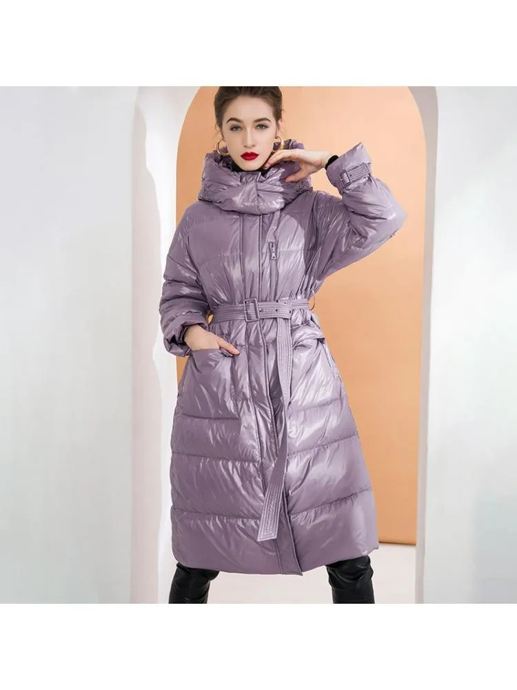 Europe Fashion Bright Face Long 90 White Duck Down Coats 2022 Winter Hooded Loose Lace Up Black Thicked Warmer Bread Jackets