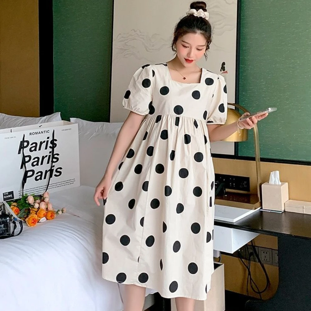 Summer korean Fashion Polka Dot Printed Maternity Long Dress Casual A Line Loose Clothes for Pregnant Women Pregnancy vestidos enlarge