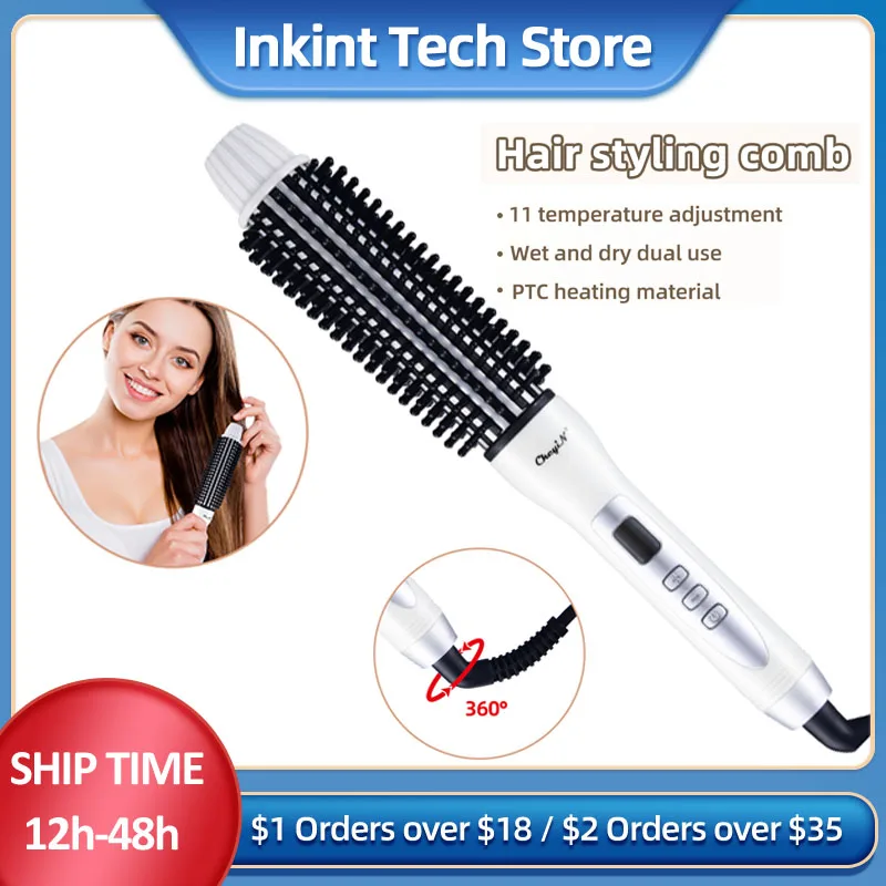 

CkeyiN Professional Hair Styler Hair Curler Straightener Heated hair brush LCD Ceramic Curling Comb Round Large Roller Waver