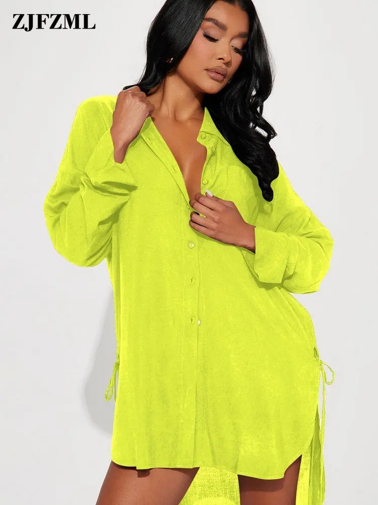 

Neon Yellow Women's Single Breasted Basic Shirt Chic Turn Down Collar Full Sleeve Blouses Simple Ruched Drawstring Long Pullover