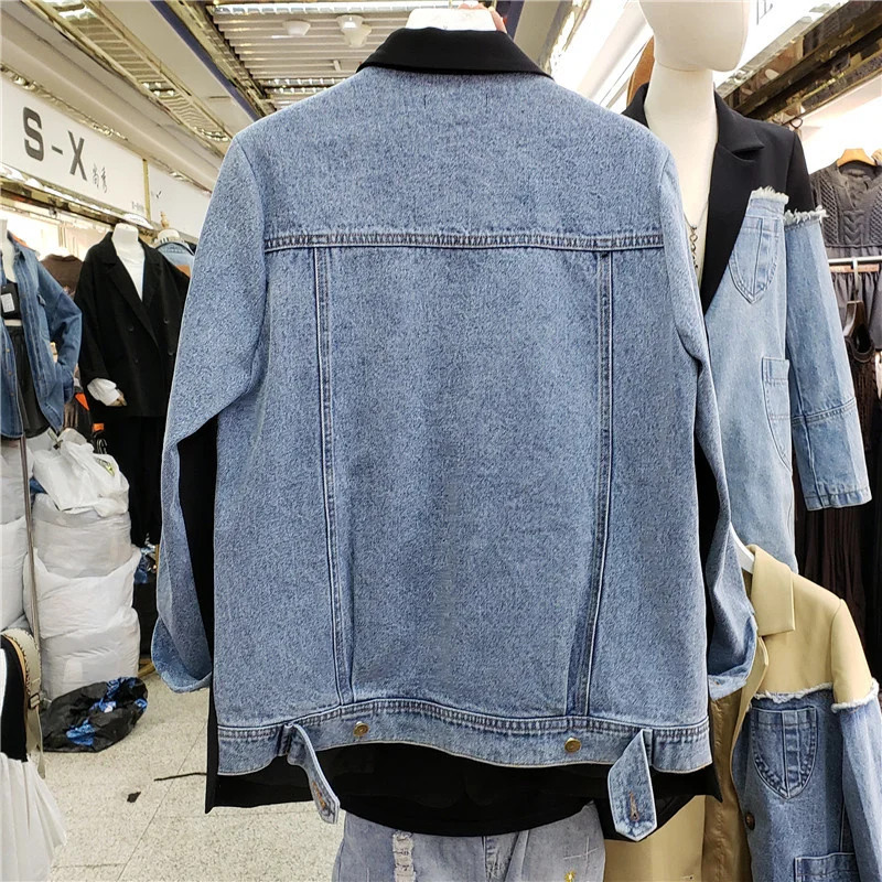 Женский джинсовый пиджак в стиле пэчворк повседневный двубортный контрастных