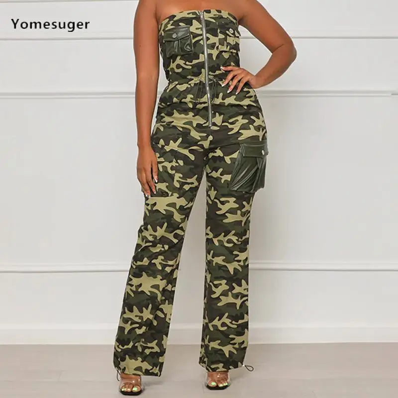 

Yomesuger Camouflage Print Pocket Wide Leg Cargo Jumsuits Women Fashion Strapless Zip-Up Straight Romper Overall 2024 Streetwear