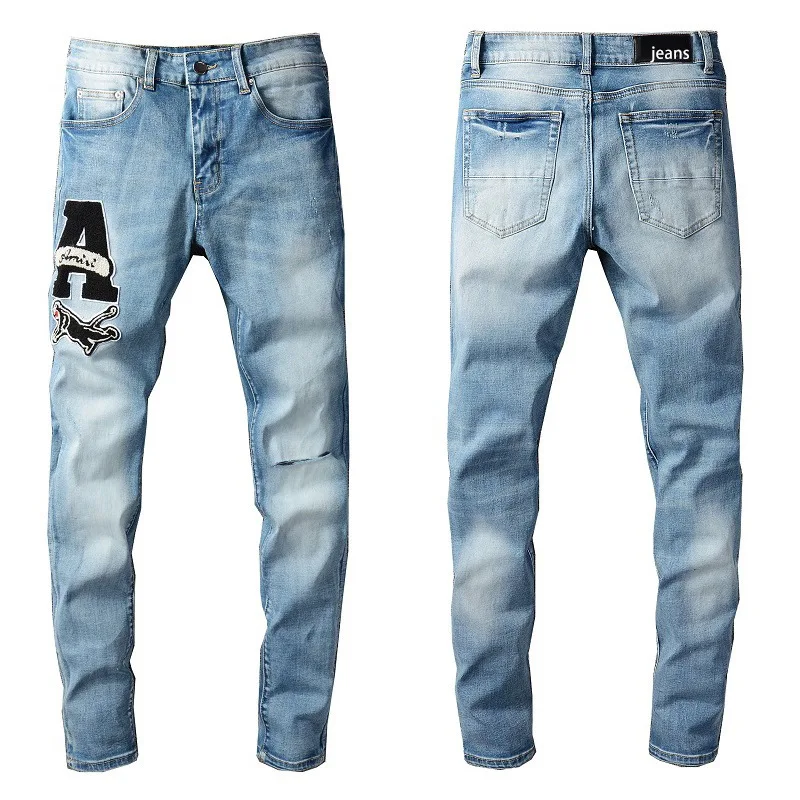 

Light Indigo Embroidery Painted Angel Streetwear Men Denim Pants Slim Fit Distressed Skinny Stretch Scratched Ripped Jeans 2023