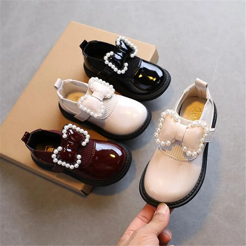 

2022 Girls Baby casual Single leather shoes Pearl bow Princess leather Shoes Children Mary Janes Shoes Baby Toddlers size 21-36