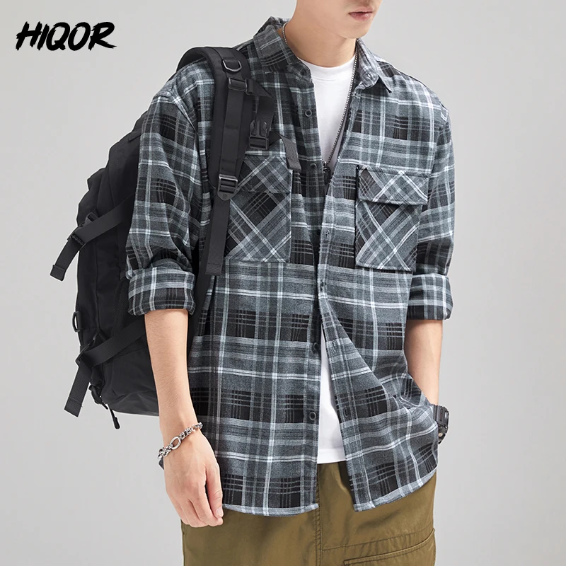 

HIQOR Men Shirts 2022 Long Sleeve Shirt Plaid Pattern All-match Turn-down Collar Korean Harajuku Shirt Tops Male Casual Blouse