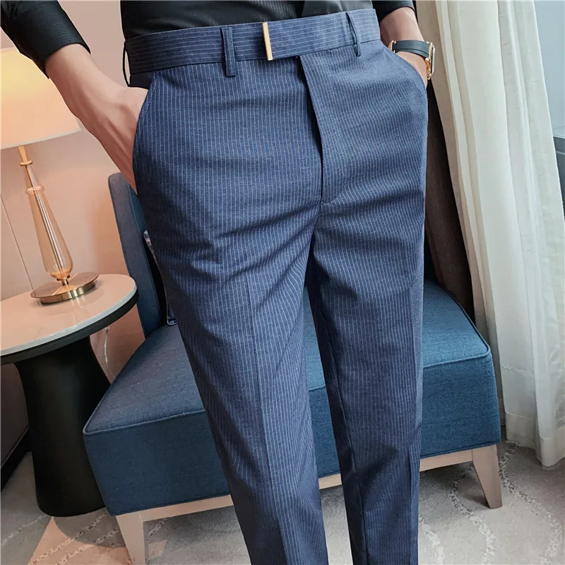 2022 Autumn Casual Business Men Stripe Pants For Men's Mid Waist  Design Pants Spring Streetwear Fashion Slim Fit Long Trouser