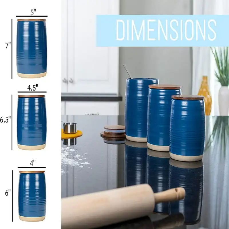 

Navy 6 inch Ceramic and Wood Kitchen Canisters Set of 3