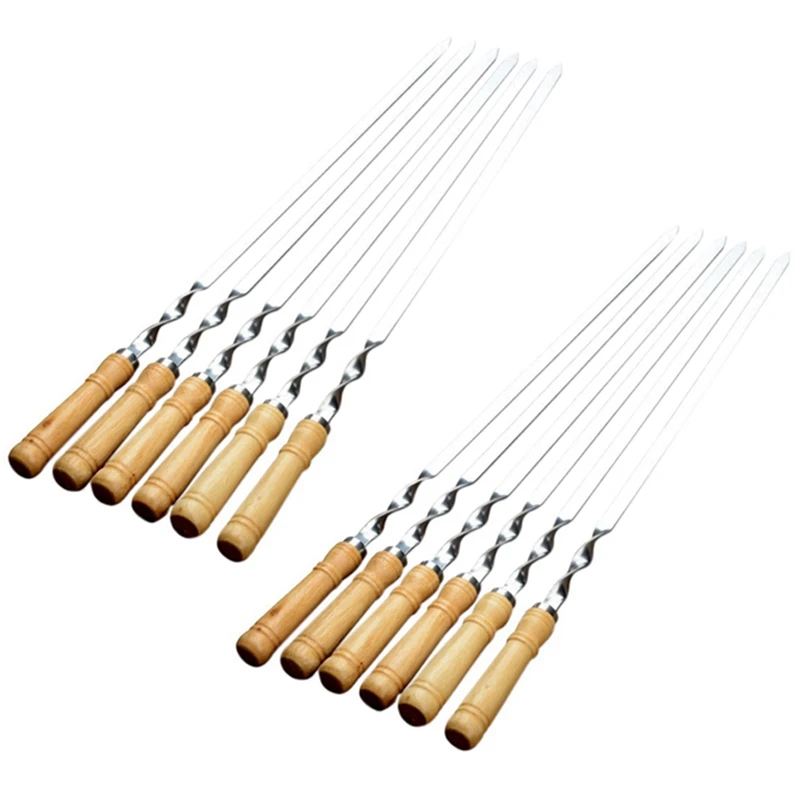 

12Pcs 55Cm BBQ Skewers Long Handle Shish Kebab Barbecue Grill Stick Wood BBQ Fork Stainless Steel Outdoors Grill Needle