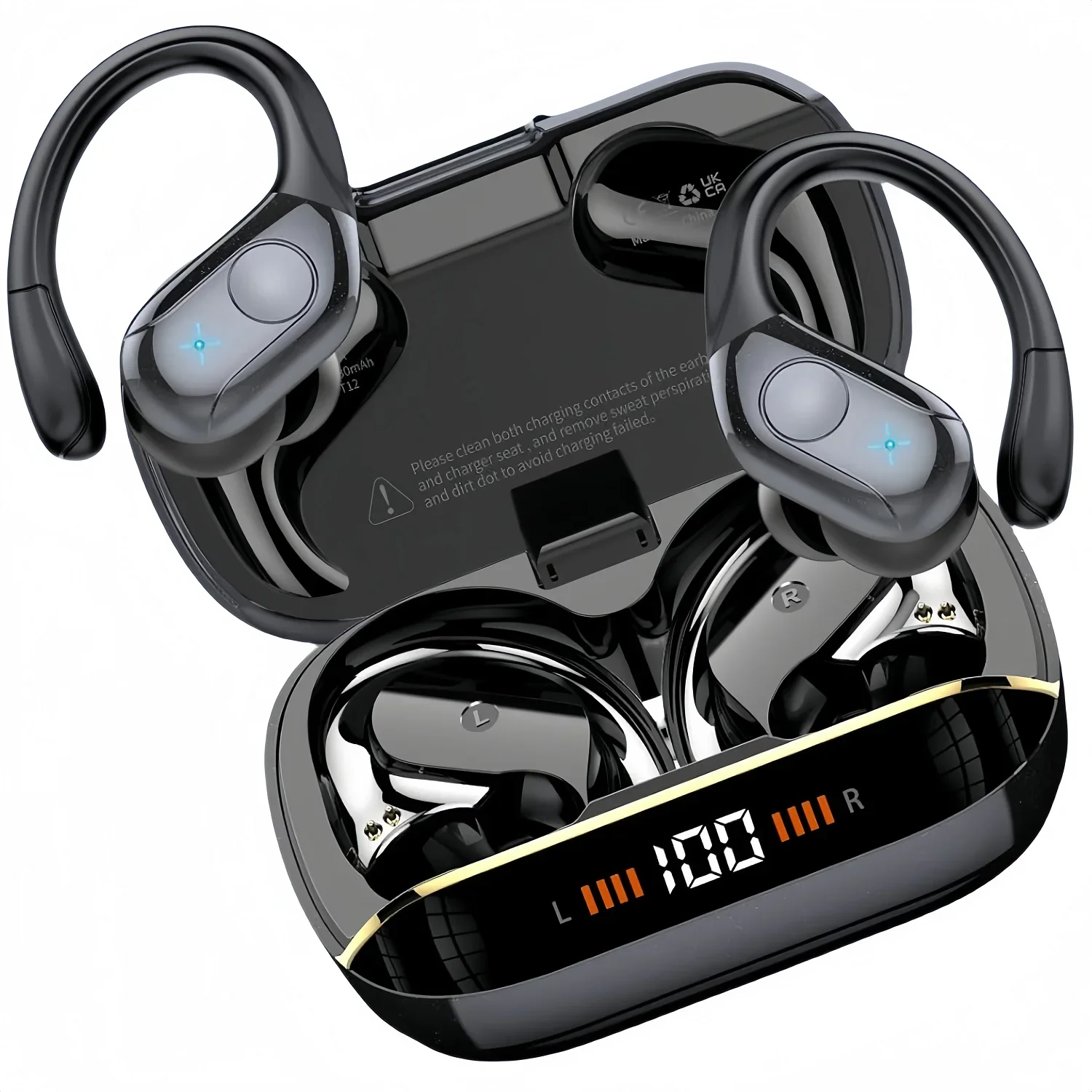 Фото T12 TWS Bluetooth наушники с микрофоном спортивные ушные крючки светодиодный дисплей беспроводные наушники Hi-Fi стерео наушники IPX7 водонепроницаемые гарнитуры №1