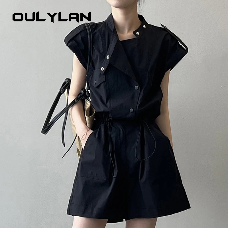 Женский комбинезон с завышенной талией и воротником-стойкой