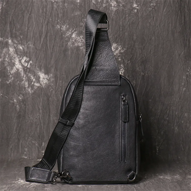 Retro casual fashion designer natural genuine leather men's shoulder bag daily outdoor work black cowhide chest bag