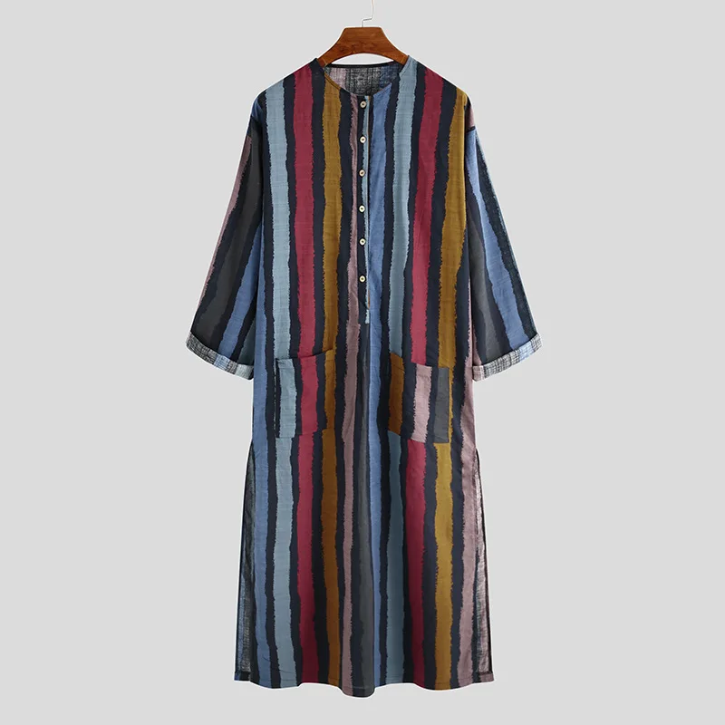Autumn Middle East Long Sleeve Striped Printed Men's Muslim Robes Comfortable Sexy Pajamas Nightgown Bathrobe