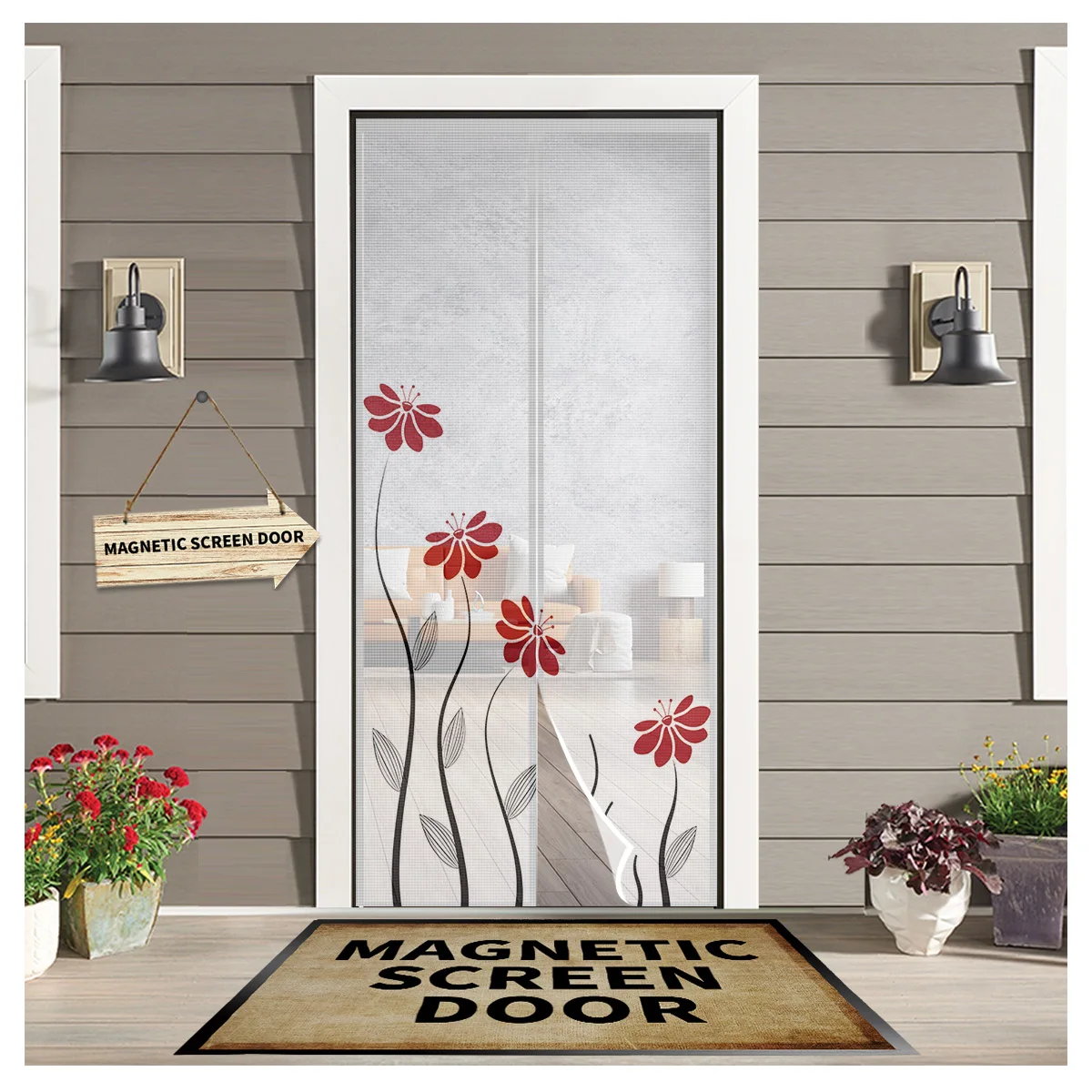 

Red Flower Line Decoration Plant Door Curtain Mosquito-proof Bedroom Magnetic Hanging Curtains Window Screen Gauze Door Curtain