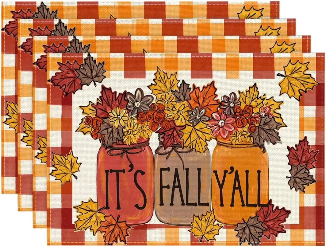 

Maple Leaf Vase Buffalo Plaid Fall Placemats Set of 4 12x18 Inch Seasonal Autumn Table Mats for Outdoor Home Party Dining Decor