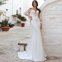 bohemian o neck wedding dress long sleeve lace appliques modern sheath bridal gown satin illusion button train vestido de noiva