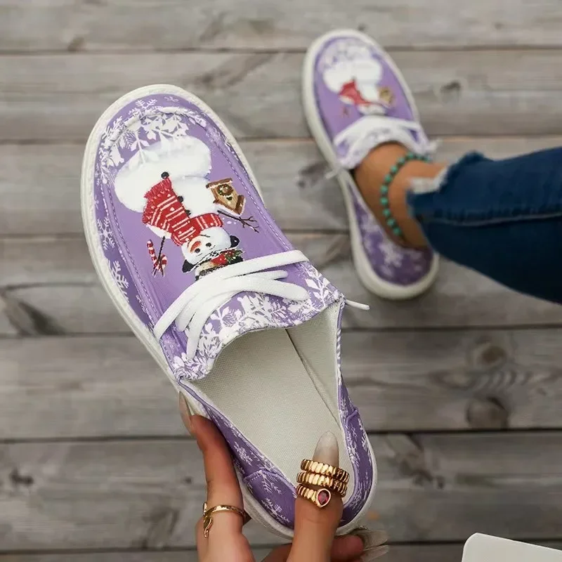 Mocasines transpirables con cordones Para mujer Zapatos planos de lona estampado navideño talla grande