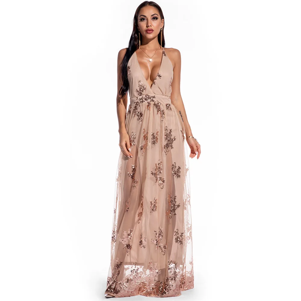 

Elegant and Sexy V-neck Suspender Sequin Dress