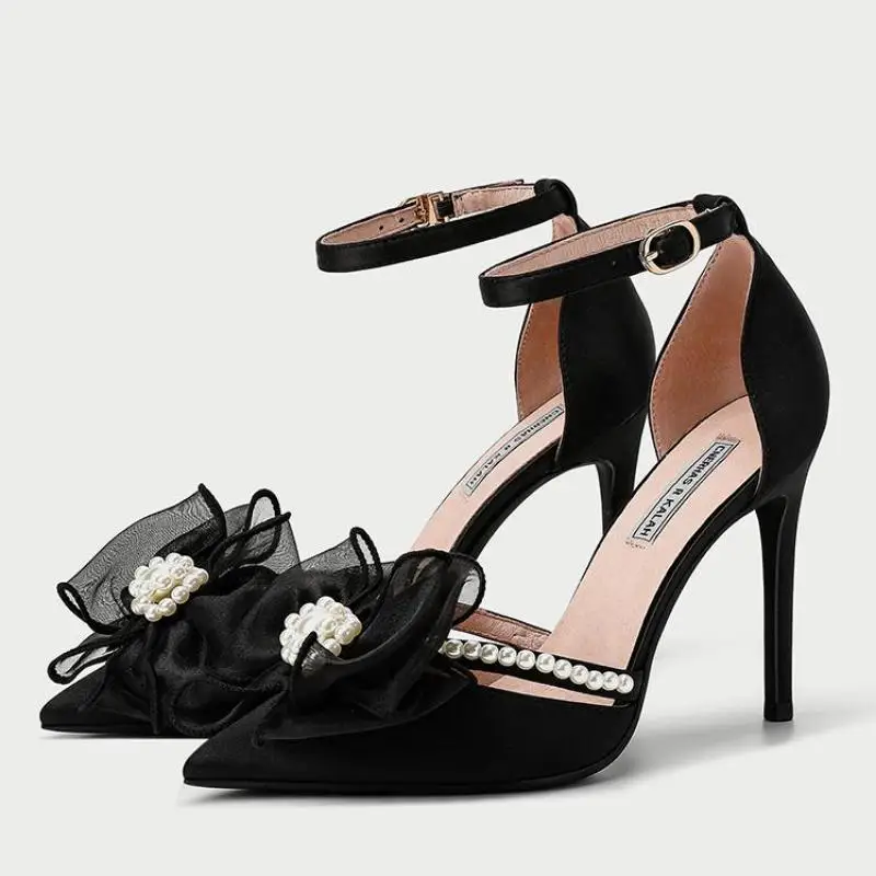 

Summer New Pearls Low Heel Buckle Point Toe Black High Heel Shoes Women Stiletto