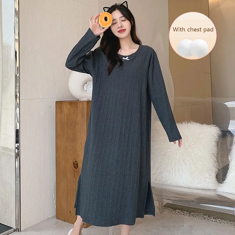 

With Chest Pad Modal Cotton Night Dress Women Big Size Lingerie Long Sleeve Fashion Sweet Nightgown Loose Spring Long Sleepwear
