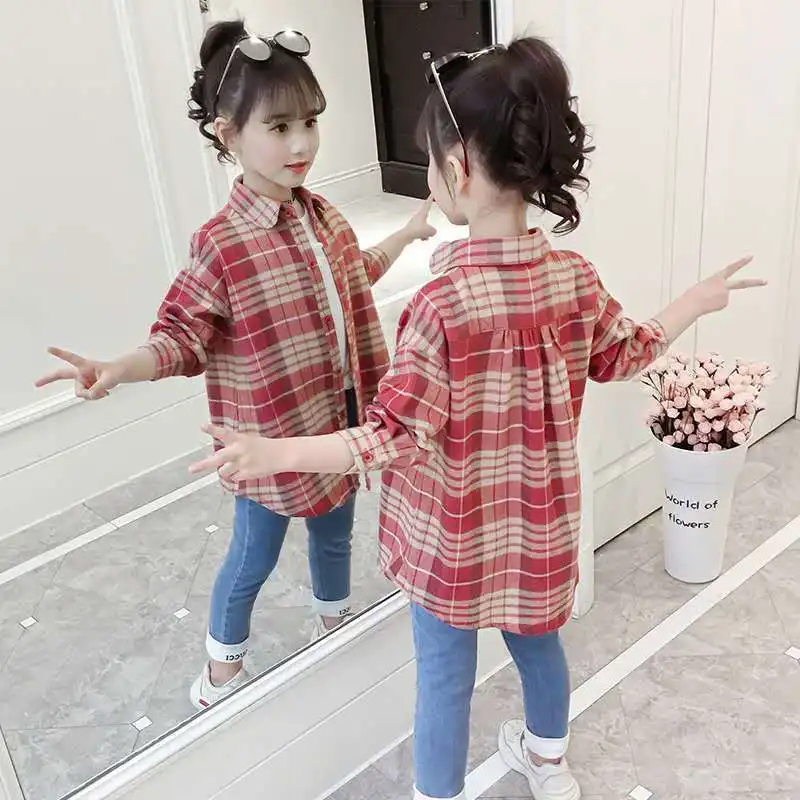 

2023 Spring girls plaid blouses Spring Teenage Cotton Fashion Shirts Kids long Sleeve Tops Casual Clothing 6 8 10 12 years