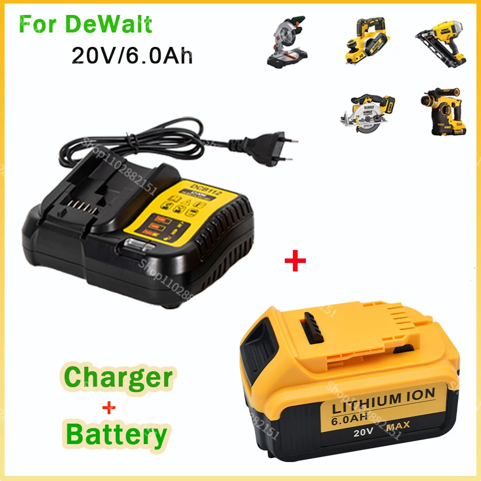 

6.0Ah For Dewalt DCB200 20V 6000mAh Replacement Battery Compatible with For Dewalt 18V/20V Tools Battery+battery charger