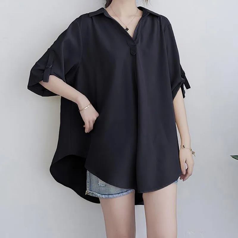 

Summer New Korean Large Loose Temperament A-line Shirt Tops Solid Chiffon Oversized T-shirt Fashion Casual Clothes for Women
