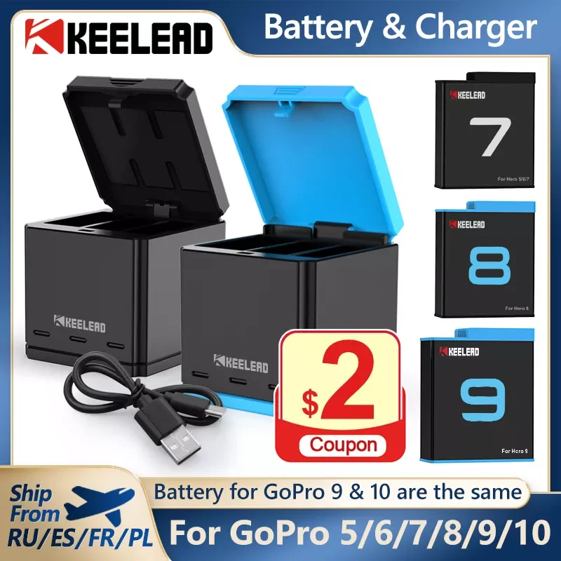 

Battery Charger For Gopro Hero 9 8 7 6 5 1750mAh Li-ion Battery 3-Way Fast Charging Case Action Video Cameras Accessories