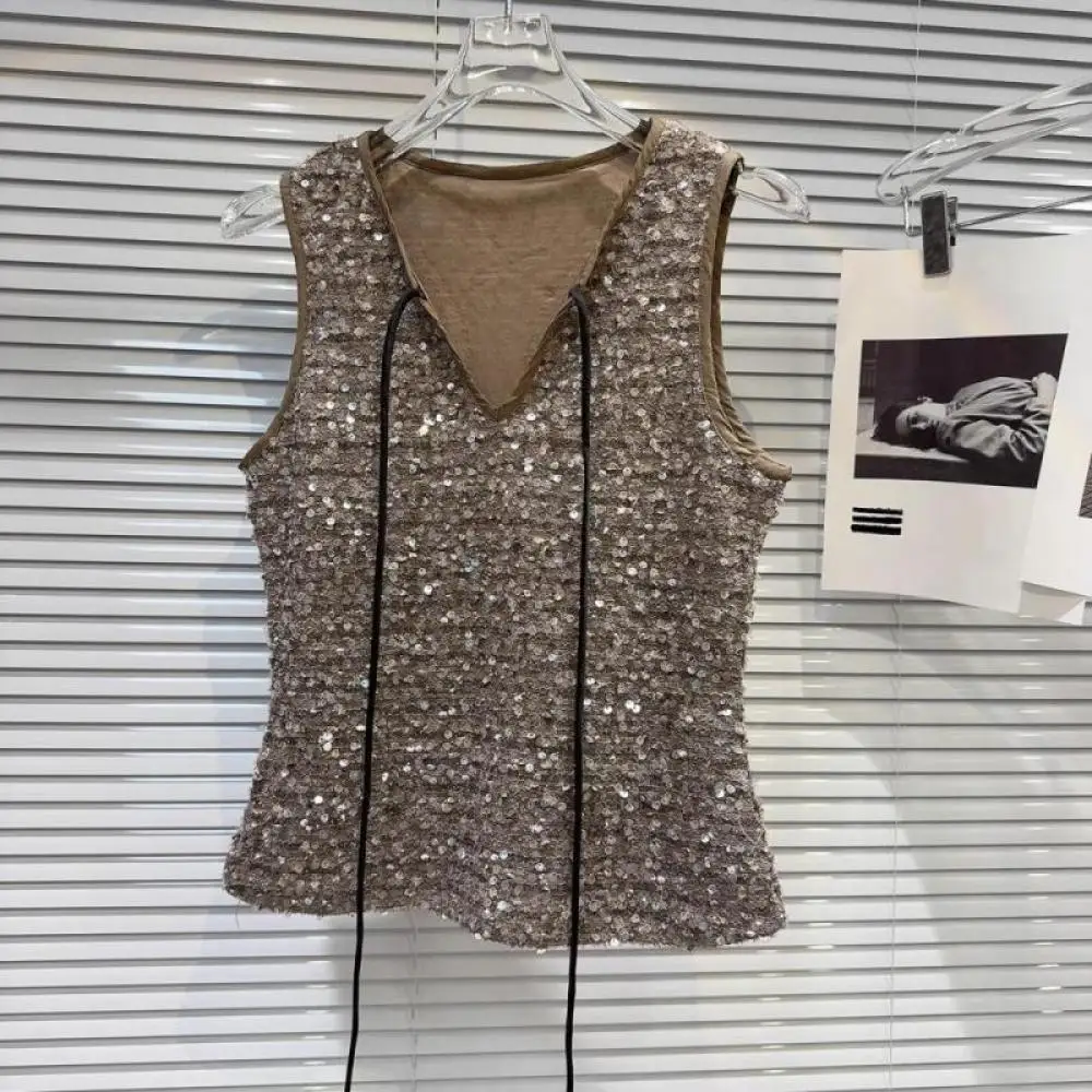 Женский облегающий Топ без рукавов розовая блестящая майка с V-образным вырезом