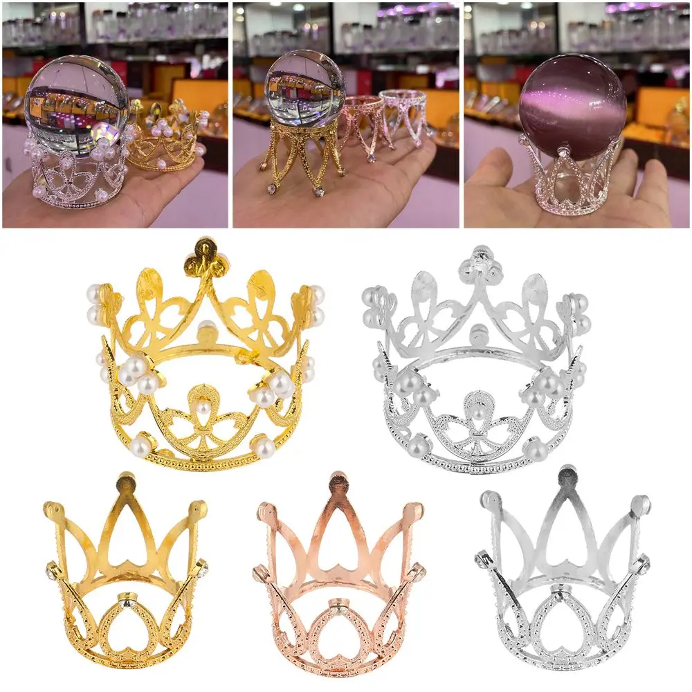 Crown Glass Sphere Base Seashells Conch Rhinestone Support Crystal Ball Holder Metal Display Stand Home Office Decor