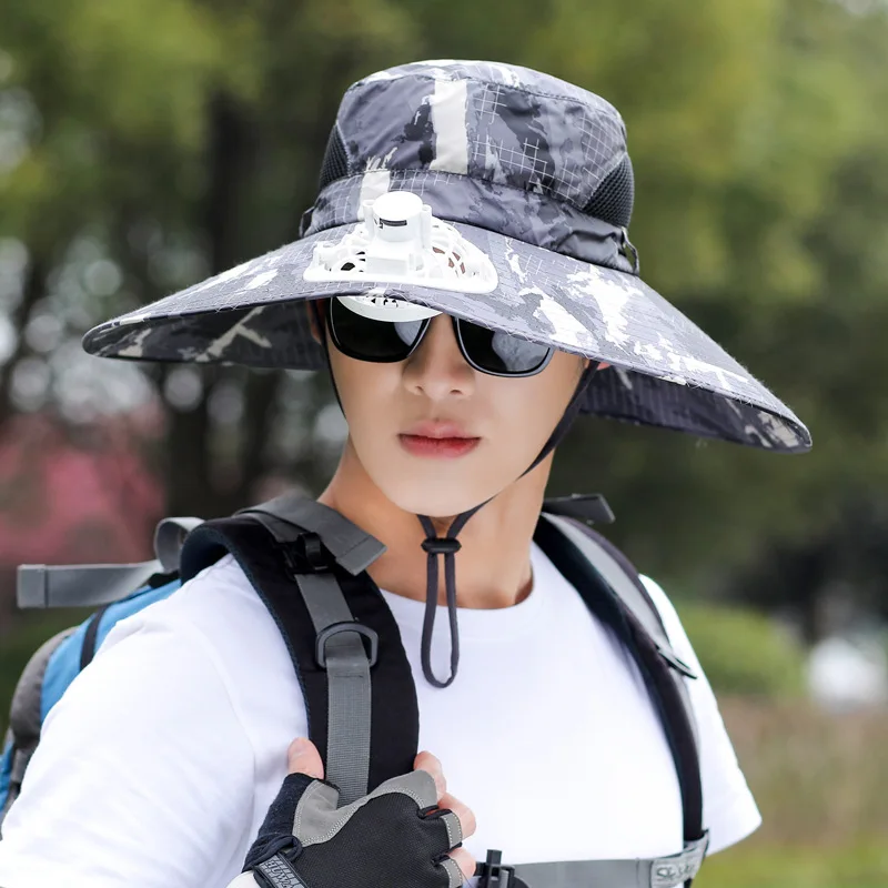 

2022 New men with fan USB rechargeable large rim uv visor outdoor hiking and cycling sunscreen sunhat