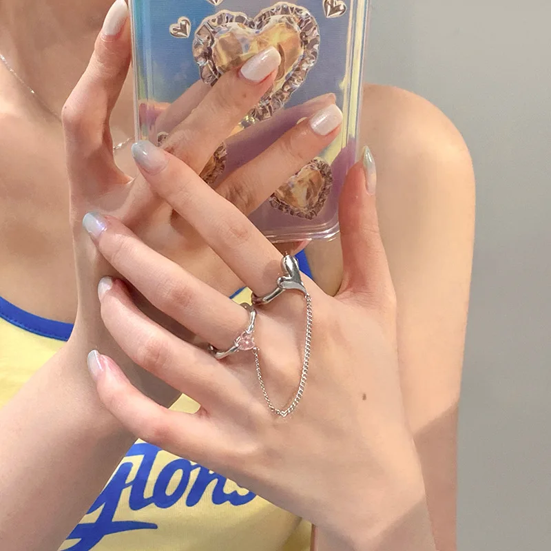 

2pcs/set Heart Shape Pink Zircon Open Adjustable Ring Punk Hip Hop Chain Double Heart Shape Open Ring Women's Party Gift Jewelry