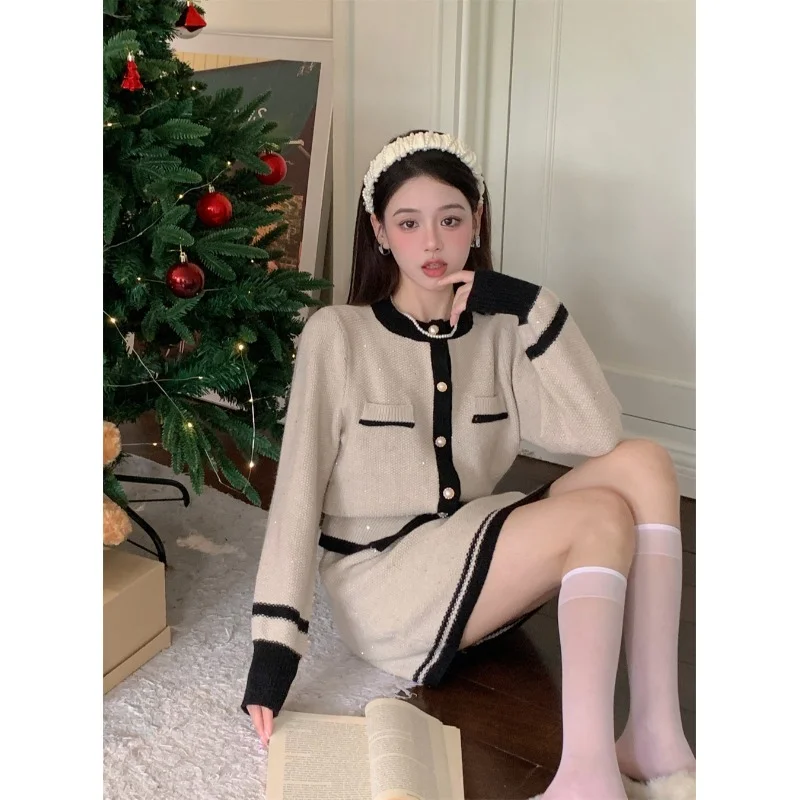 

Вязаный костюм со вставками, свитер с круглым вырезом, кардиган, Женская юбка с запахом на бедрах, 2 предмета, Осень-зима, офисный Женский Пов...