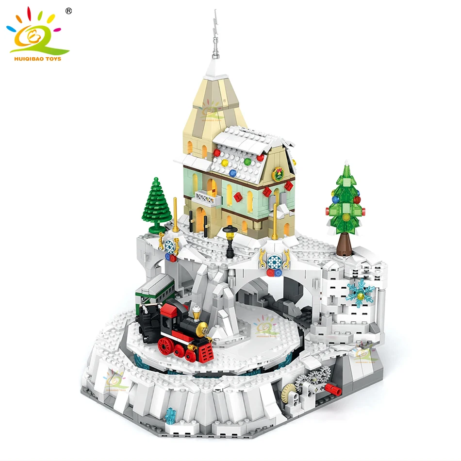 

HUIQIBAO Ideas Rotation Christmas Train Snow Town Building Blocks Bricks Christmas Tree Creation Toy For Children Kids Xmas Gift