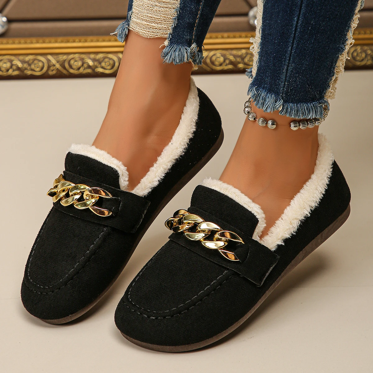 Зимние верблюжьи/черные женские одинарные туфли с цепочкой на низком каблуке