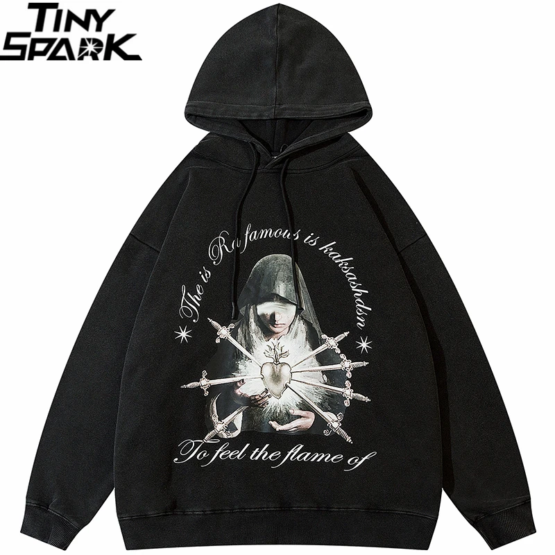 

2022 Hip Hop Streetwear Hoodie Sweatshirt Painful Heart Graphic Hoodie Cotton Men Oversized Hooded Pullover Retro Harajuku Black