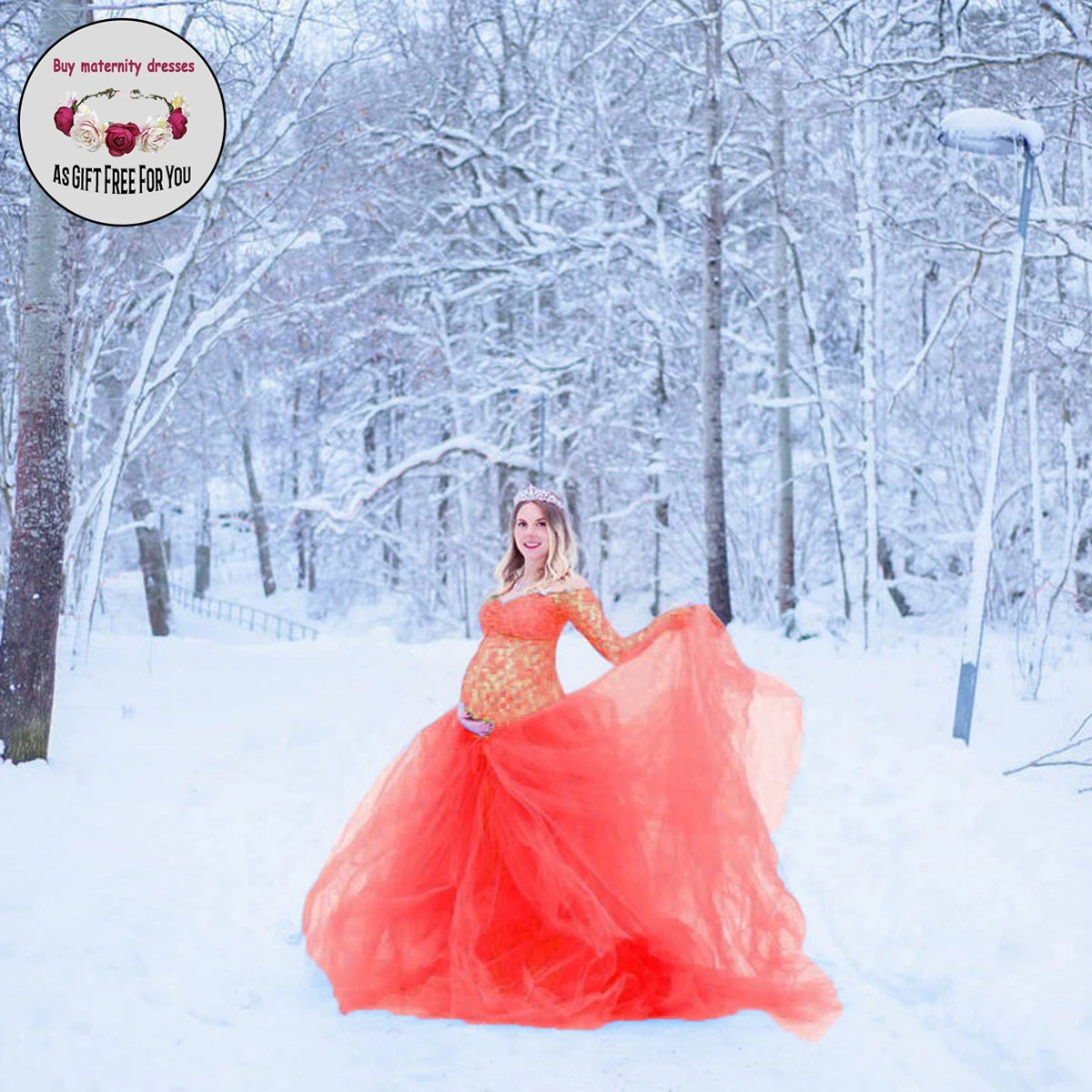 

Women Fashion Lace Maternity Dress for Photography Strapless Off-Shoulder Long Jumpsuits+Tulle Maternity Dresses Photo Shoot