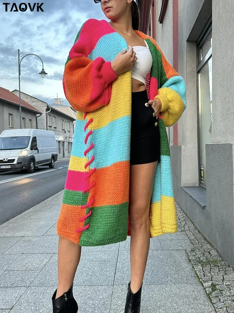 

TAOVK Women Multicolor Long Cardigans Striped Contrast Color Sweaters Bat Wing Sleeve Patchwork Knitwear Side Drawstring Jumpers