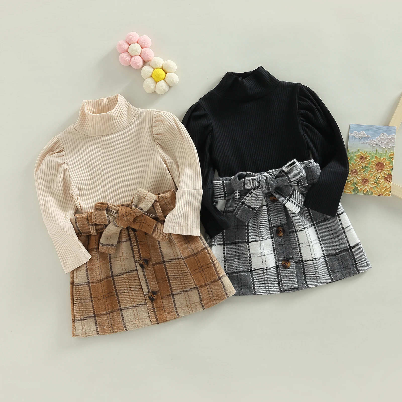 

TR New Autumn Kids Toddler Girls Spring Outfit Sets Long Sleeve Turtleneck Ribbed Tops + Plaid Skirt Belt Clothes
