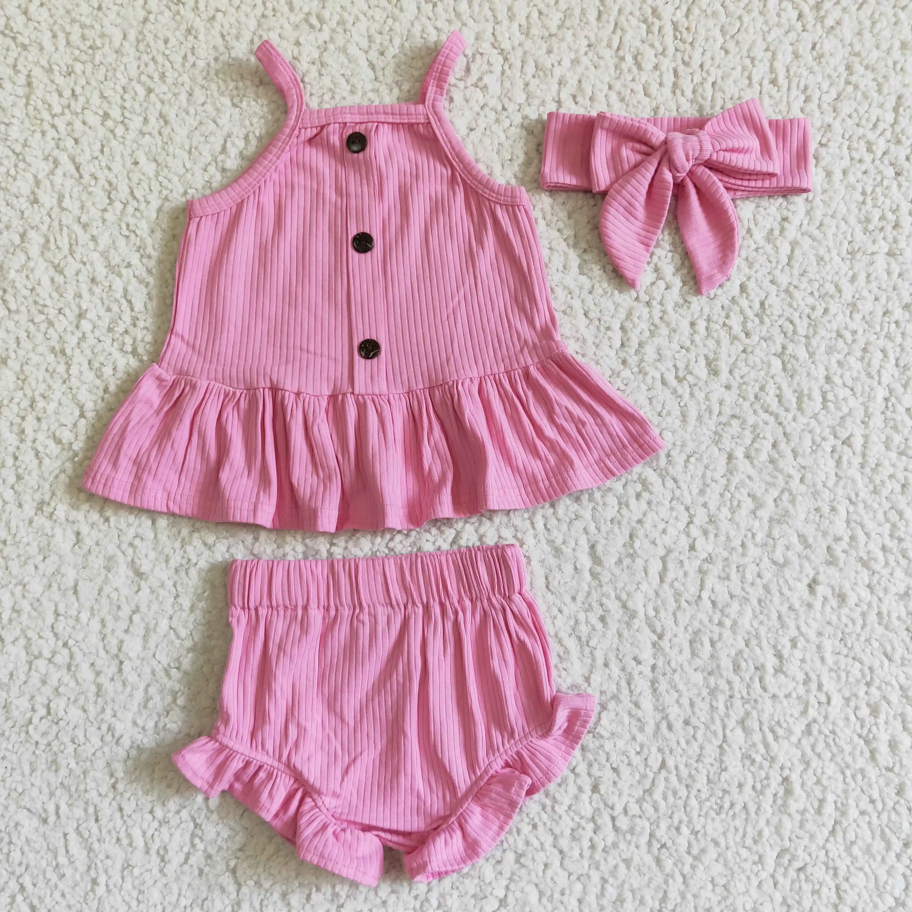 Hot Selling RTS Spring Pink Newborn Cotton Clothes Outfit B​aby 3PCS Bummie Set With Headbands