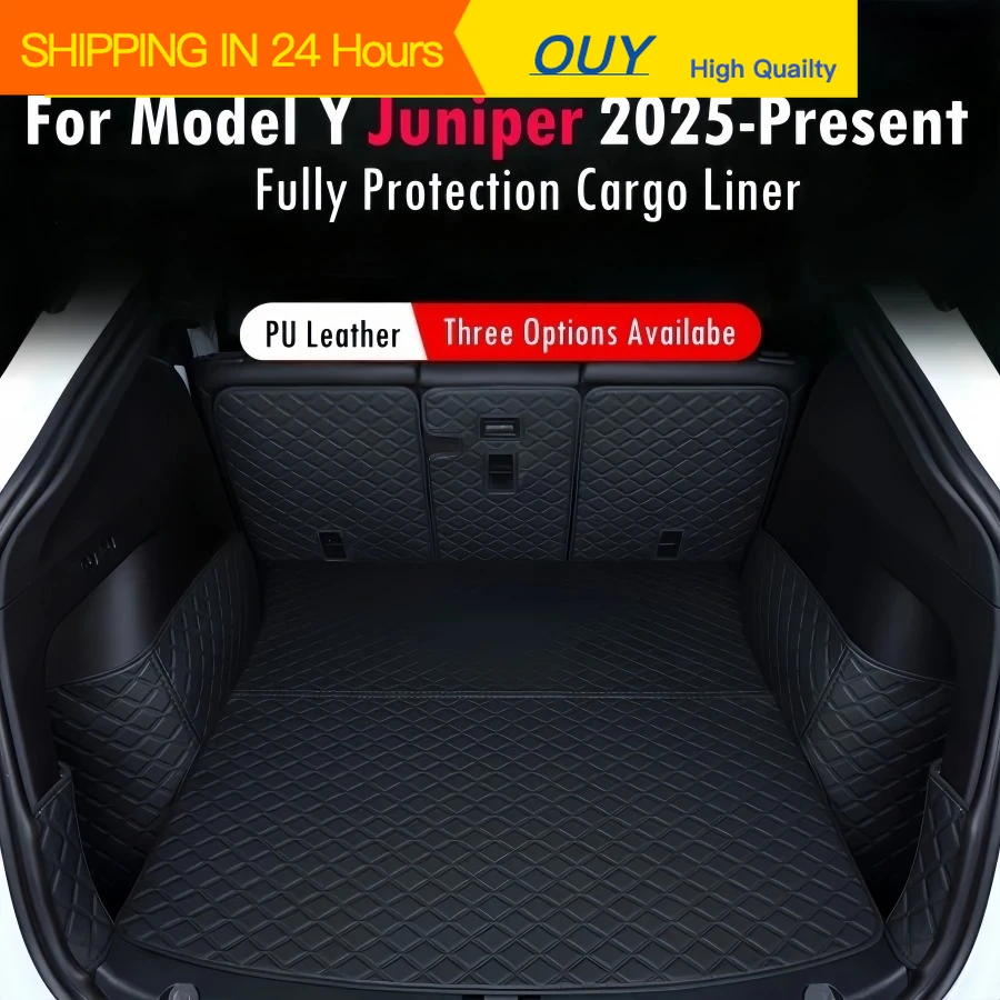 Фото Комплект защитных ковриков OUY для Tesla Model Y Juniper 2025-наст. время: передний и задний багажный отсек, полностью закрывающие коврики в багажник, накладки на спинки сидений из полиуретана, защита Juniper №1