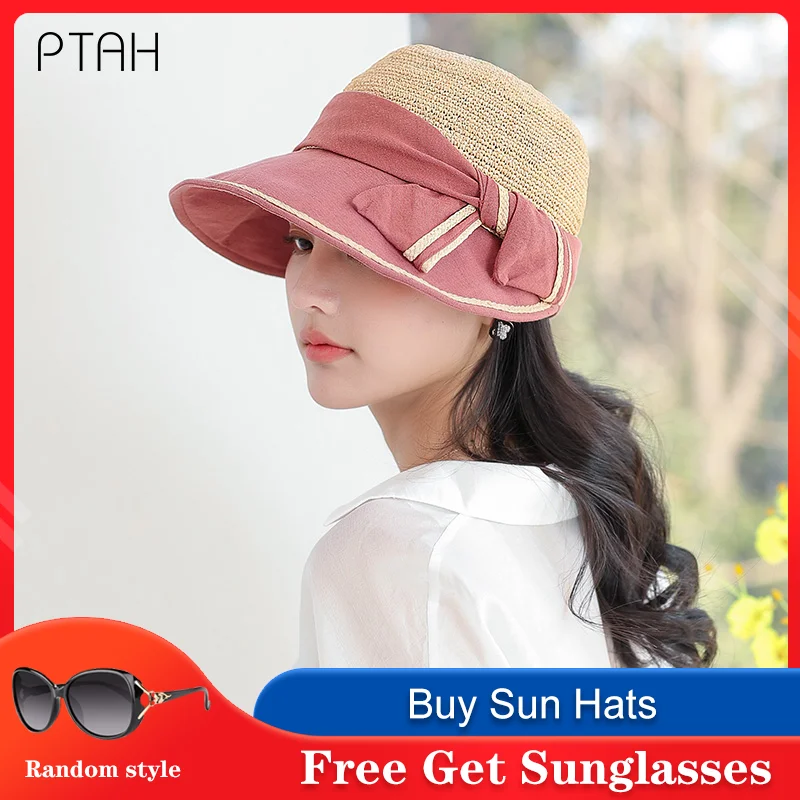 

Летняя Женская Удобная Кепка [PTAH], большая пляжная Складная соломенная шляпа с бантом, солнцезащитные козырьки