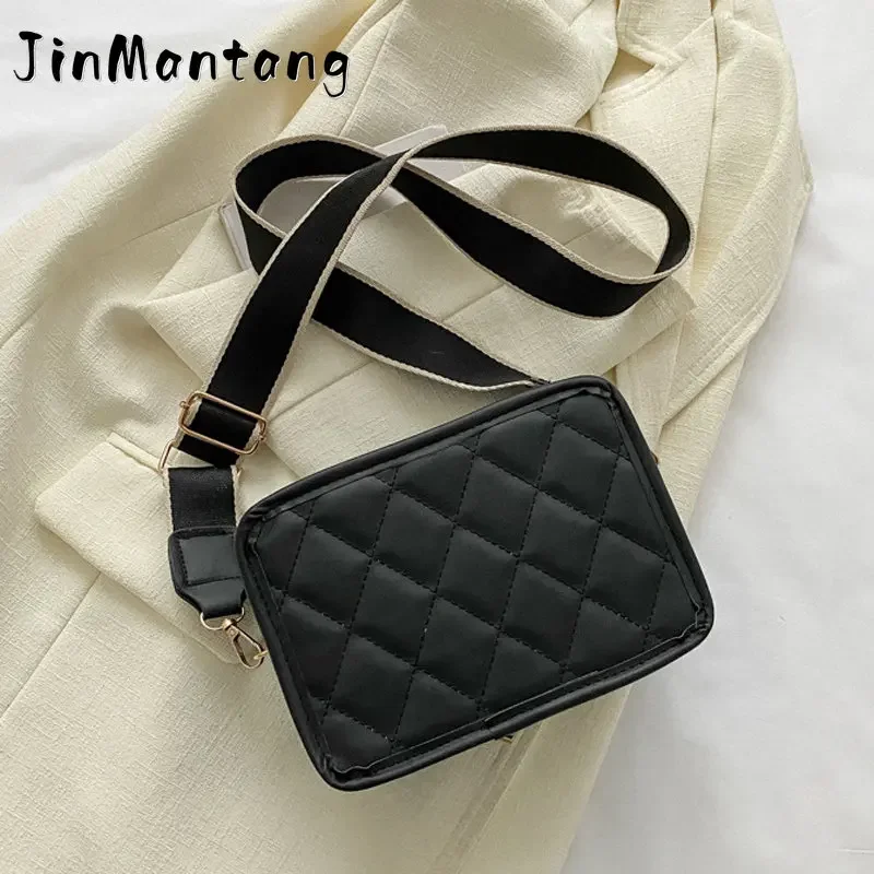 

JinMantang Casual Wide Strap Crossbody Bags For Women Square Fashion Shoulder Bag Plaid Pu Leather Handbags And Purses