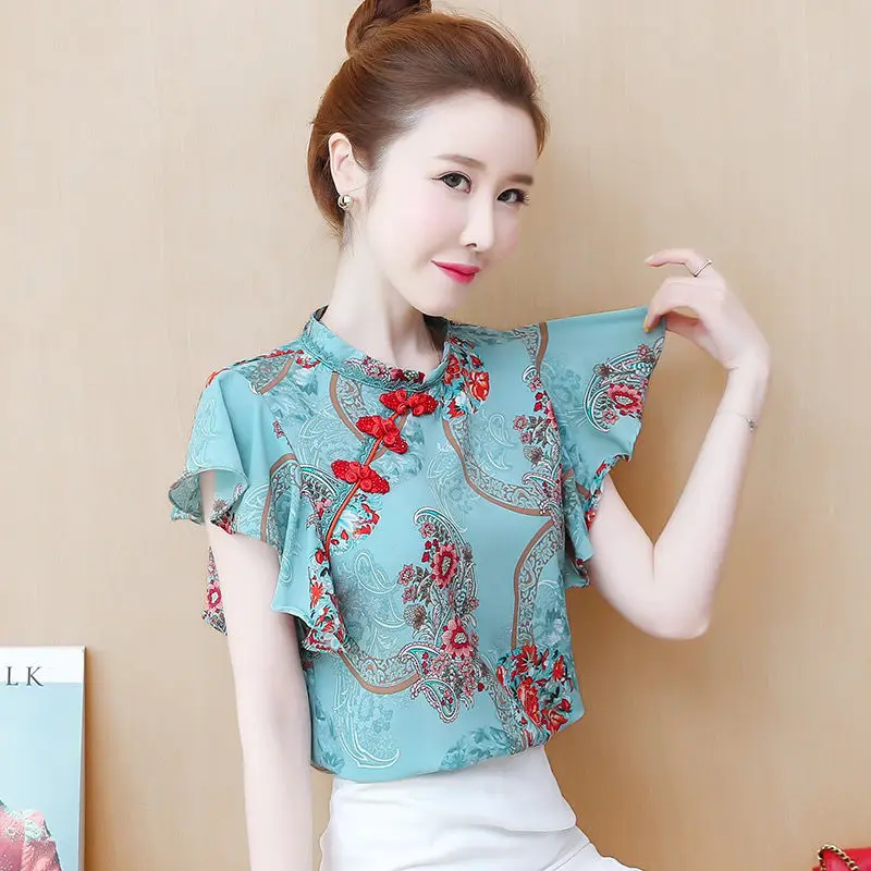 

Blouse female 2022 Summer Chinese style design sense niche chiffon top cheongsam plate buckle lotus leaf floral female shirt