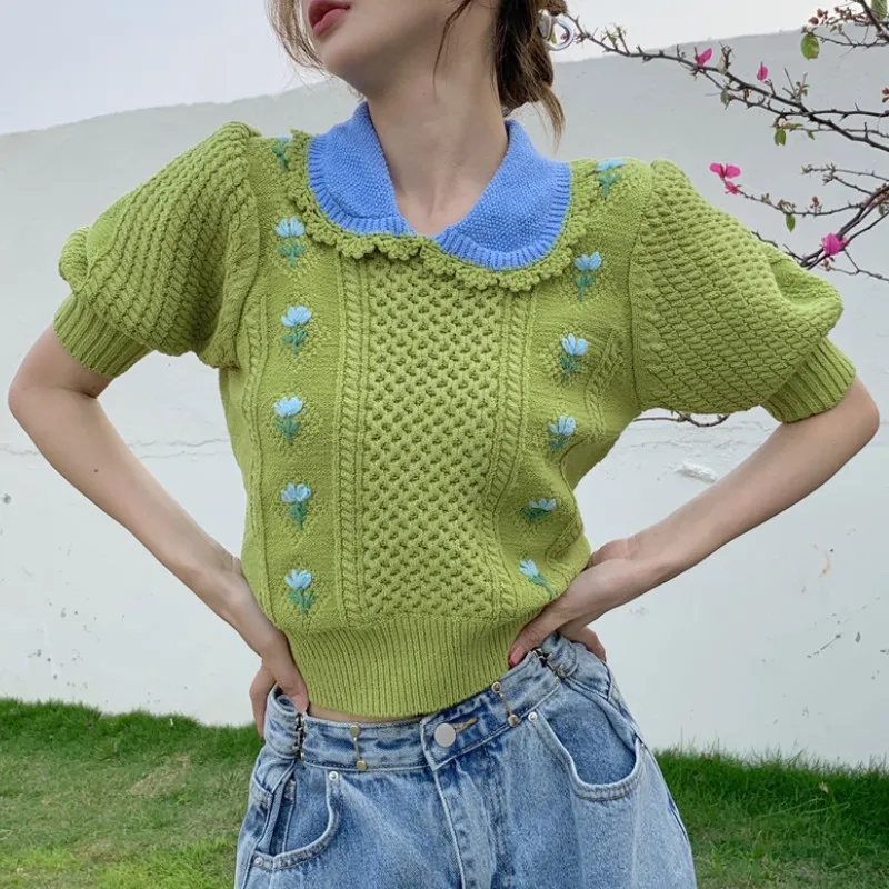 

Flowers Embroidered Knitted T Shirt Women Summer Short Sleeve Peter Pan Collar Pullover Casual Korean Fashion Chic Top Female